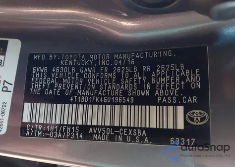 2016 Toyota Camry Hybrid Se from USA, damaged, VIN 4T1BD1FK4GU196549